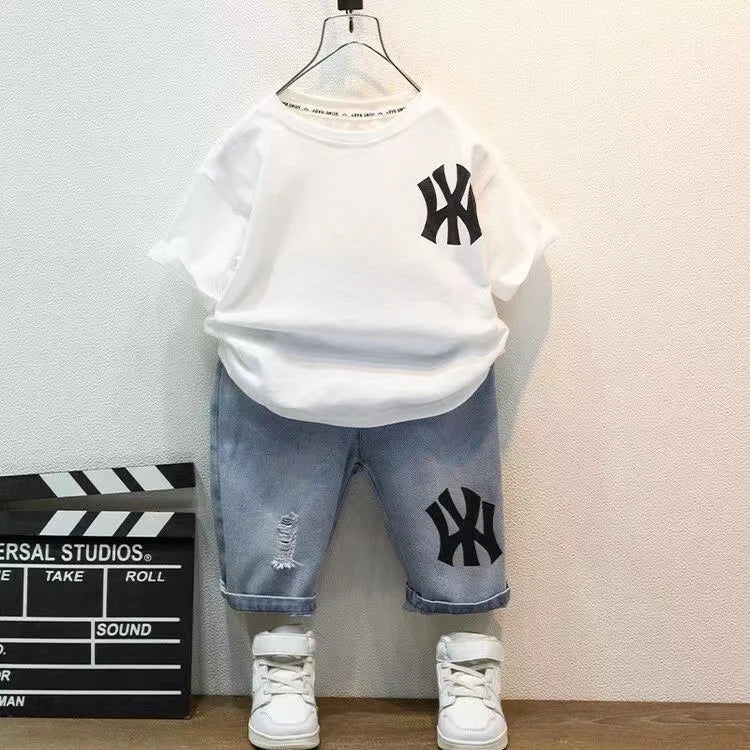 Short Sleeve Set Baby Boys Clothes Fashion Jeans Shorts Outfits Korean Casual Kids Cotton 2pcs Sport Clothing - Boys Summer
