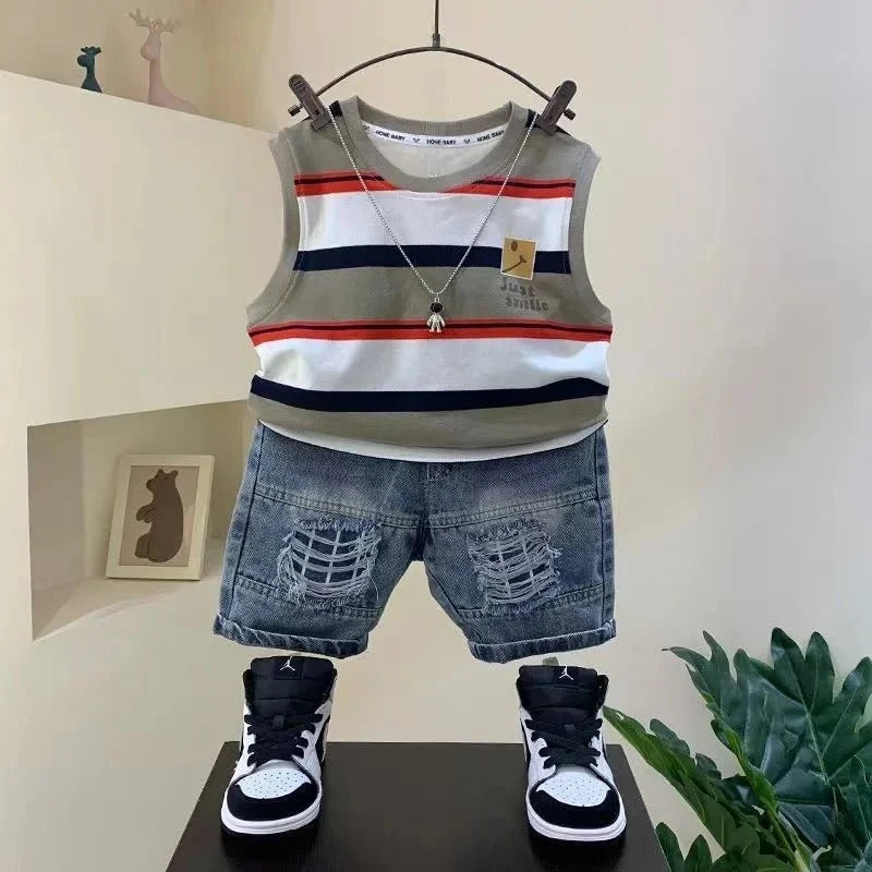 Striped Round Neck Pullover Cotton Sleeveless Shirt And Fashion Jeans Shorts 2pcs Summer Boutique Clothing Baby Boys Sport Suit - Mom & Kids