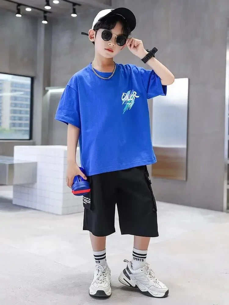 Summer 100 Cotton - Summer 100% Cotton Boys Blue T-shirt Cool Graffiti Printed Girls Tees Short Sleeve Children Tops High