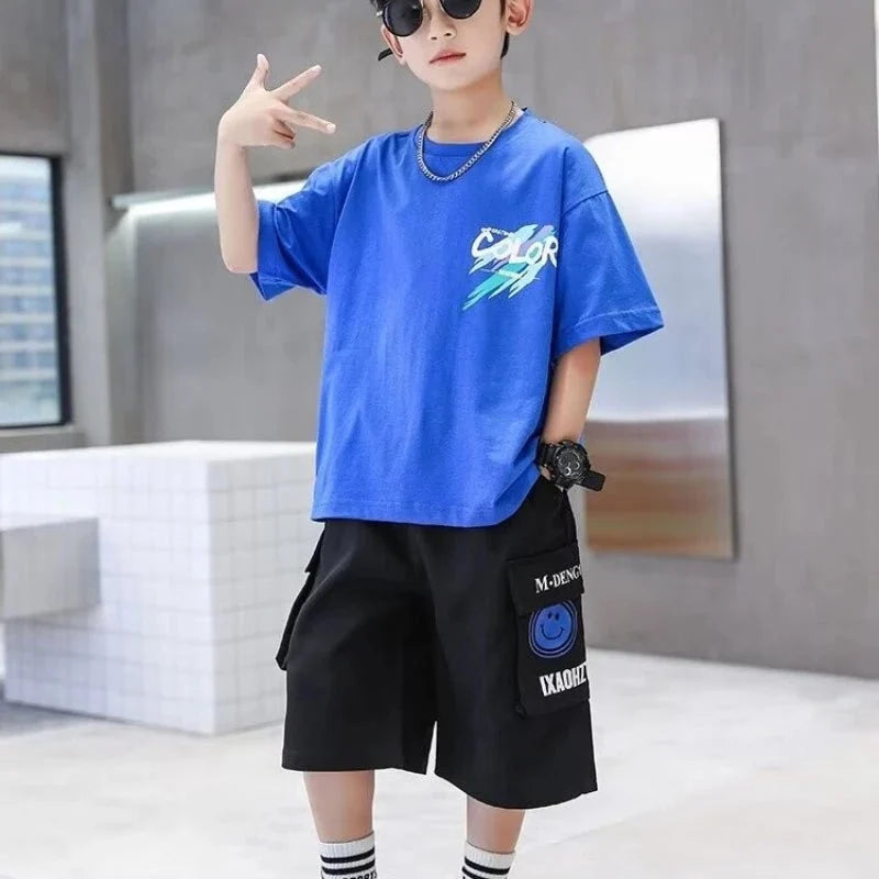 Summer 100 Cotton - Summer 100% Cotton Boys Blue T-shirt Cool Graffiti Printed Girls Tees Short Sleeve Children Tops High