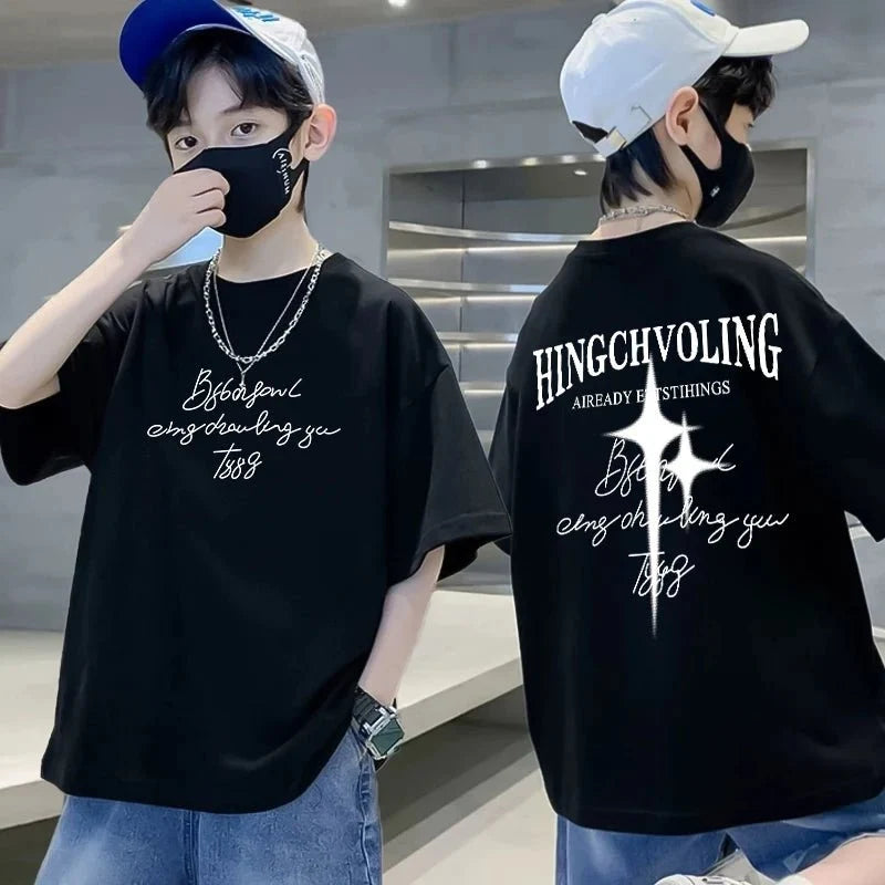 Summer 100 Cotton - Summer 100% Cotton Boys Blue T-shirt Cool Graffiti Printed Girls Tees Short Sleeve Children Tops High