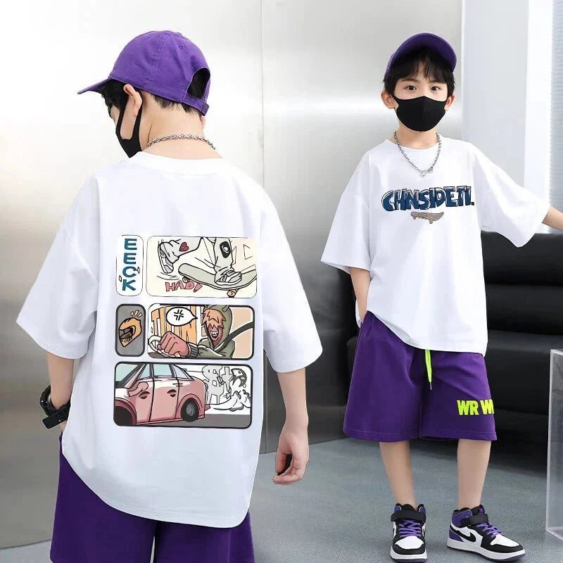 Summer 100 Cotton - Summer 100% Cotton Boys Blue T-shirt Cool Graffiti Printed Girls Tees Short Sleeve Children Tops High