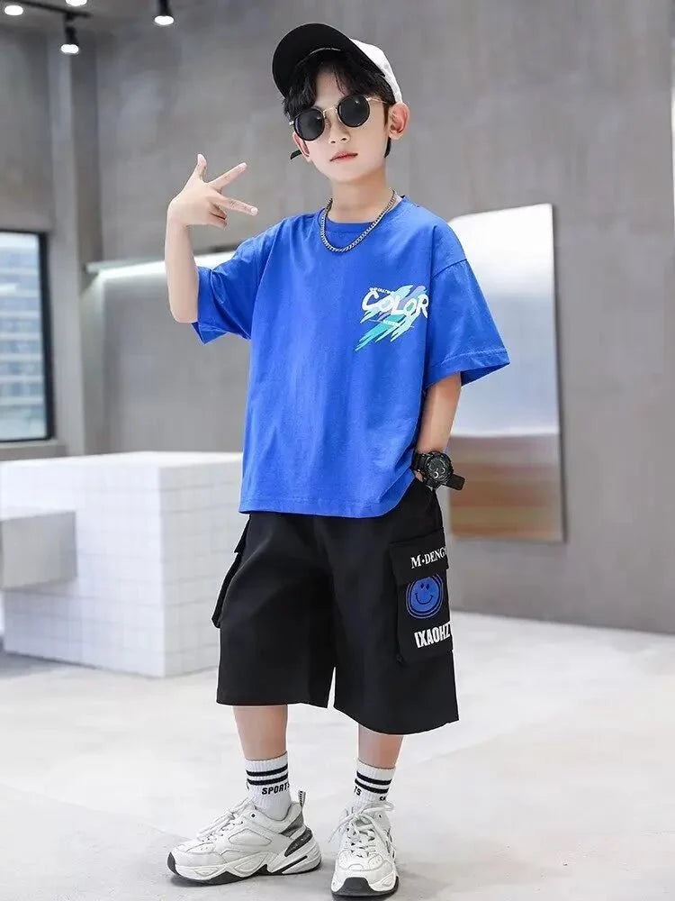 Summer 100 Cotton - Summer 100% Cotton Boys Blue T-shirt Cool Graffiti Printed Girls Tees Short Sleeve Children Tops High