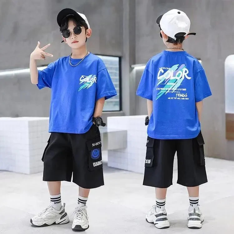 Summer 100 Cotton - Summer 100% Cotton Boys Blue T-shirt Cool Graffiti Printed Girls Tees Short Sleeve Children Tops High
