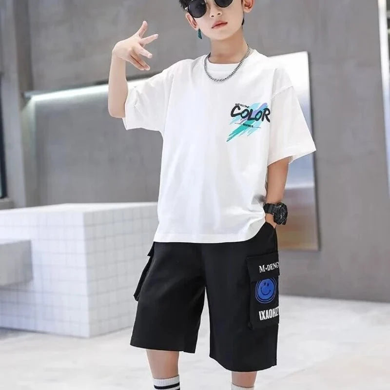 Summer 100 Cotton - Summer 100% Cotton Boys Blue T-shirt Cool Graffiti Printed Girls Tees Short Sleeve Children Tops High