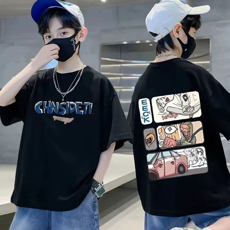 Summer 100 Cotton - Summer 100% Cotton Boys Blue T-shirt Cool Graffiti Printed Girls Tees Short Sleeve Children Tops High