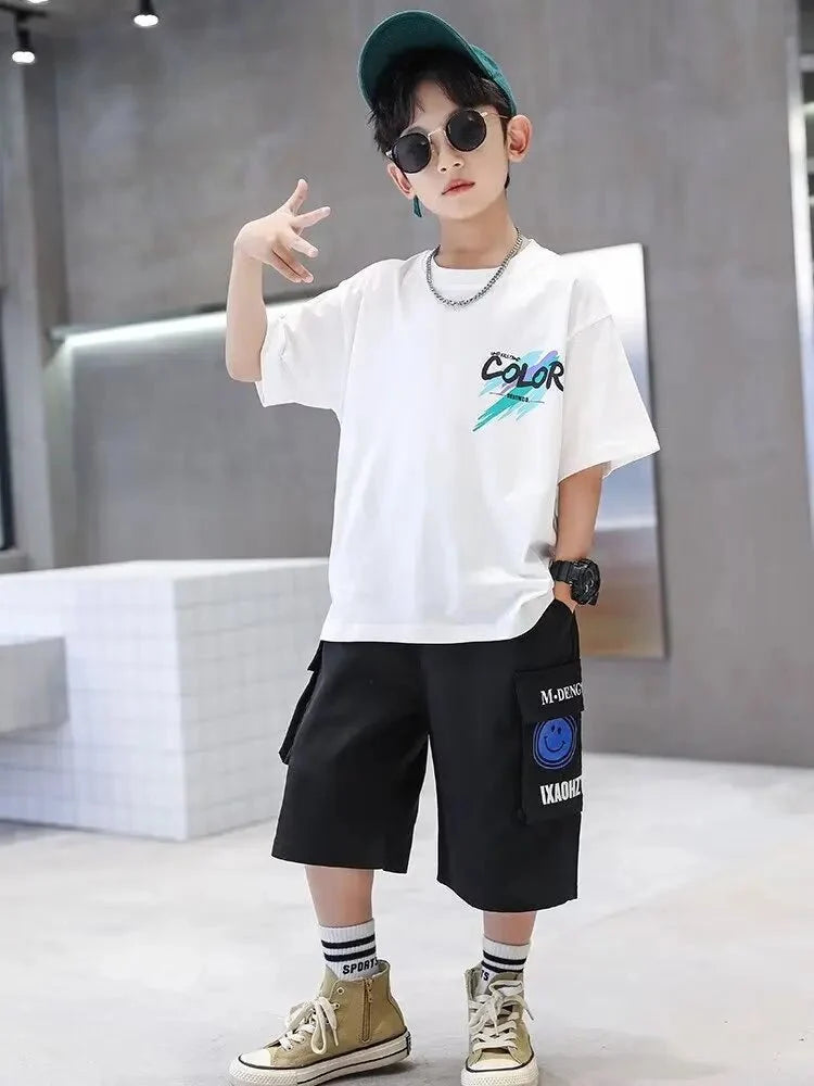 Summer 100 Cotton - Summer 100% Cotton Boys Blue T-shirt Cool Graffiti Printed Girls Tees Short Sleeve Children Tops High