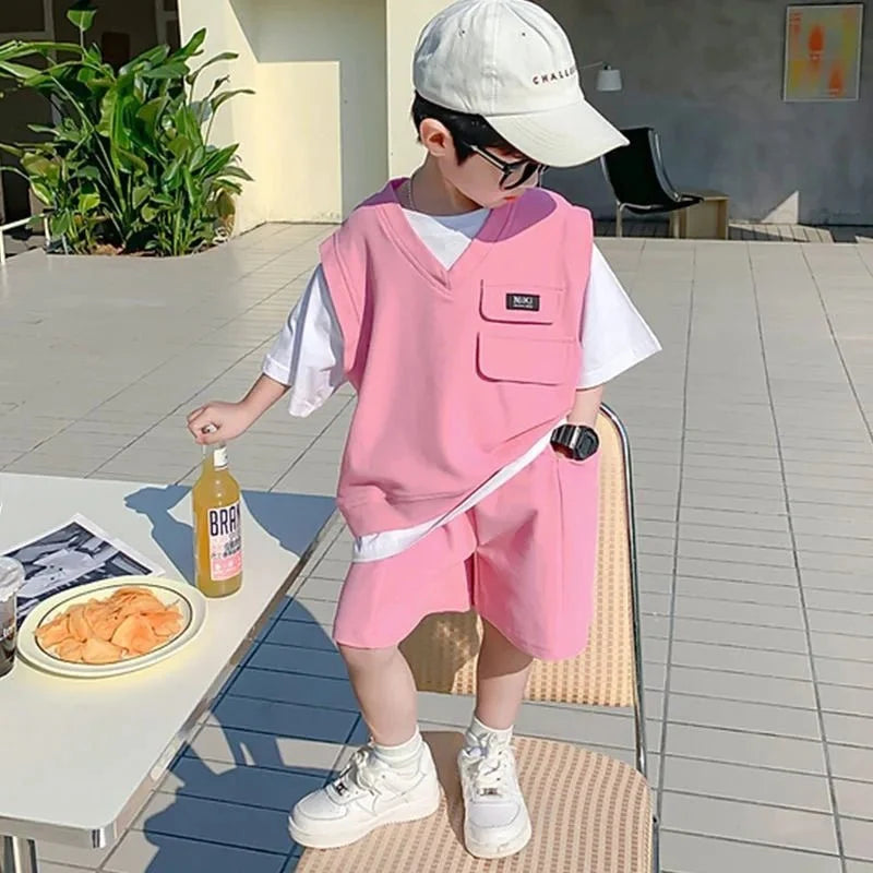 Summer Baby and Boys Cotton Contrast Patchwork t-Shirt Tops+Shorts Pant Sets School Kids Tracksuit Child 2PCS Outfit 1-10 Years - Mom & Kids