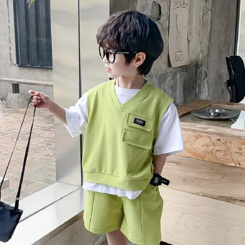 Summer Baby and Boys Cotton Contrast Patchwork t-Shirt Tops+Shorts Pant Sets School Kids Tracksuit Child 2PCS Outfit 1-10 Years - Mom & Kids