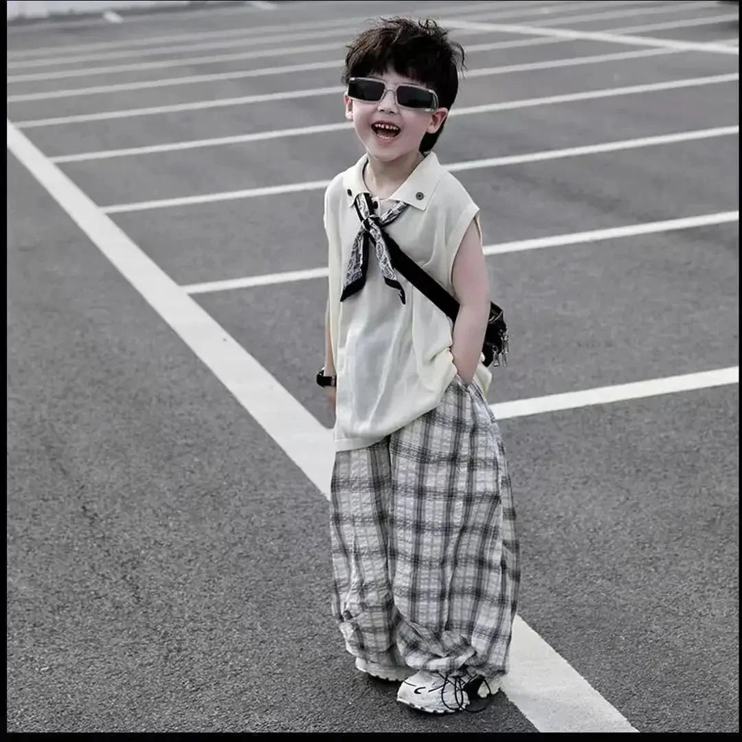 Summer Boys 2pcs - Summer Baby Boys 2Pcs Sleeveless Lapel T-shirt Top+ Thin Grid Pants Suit Children Outfit Fashion Casual
