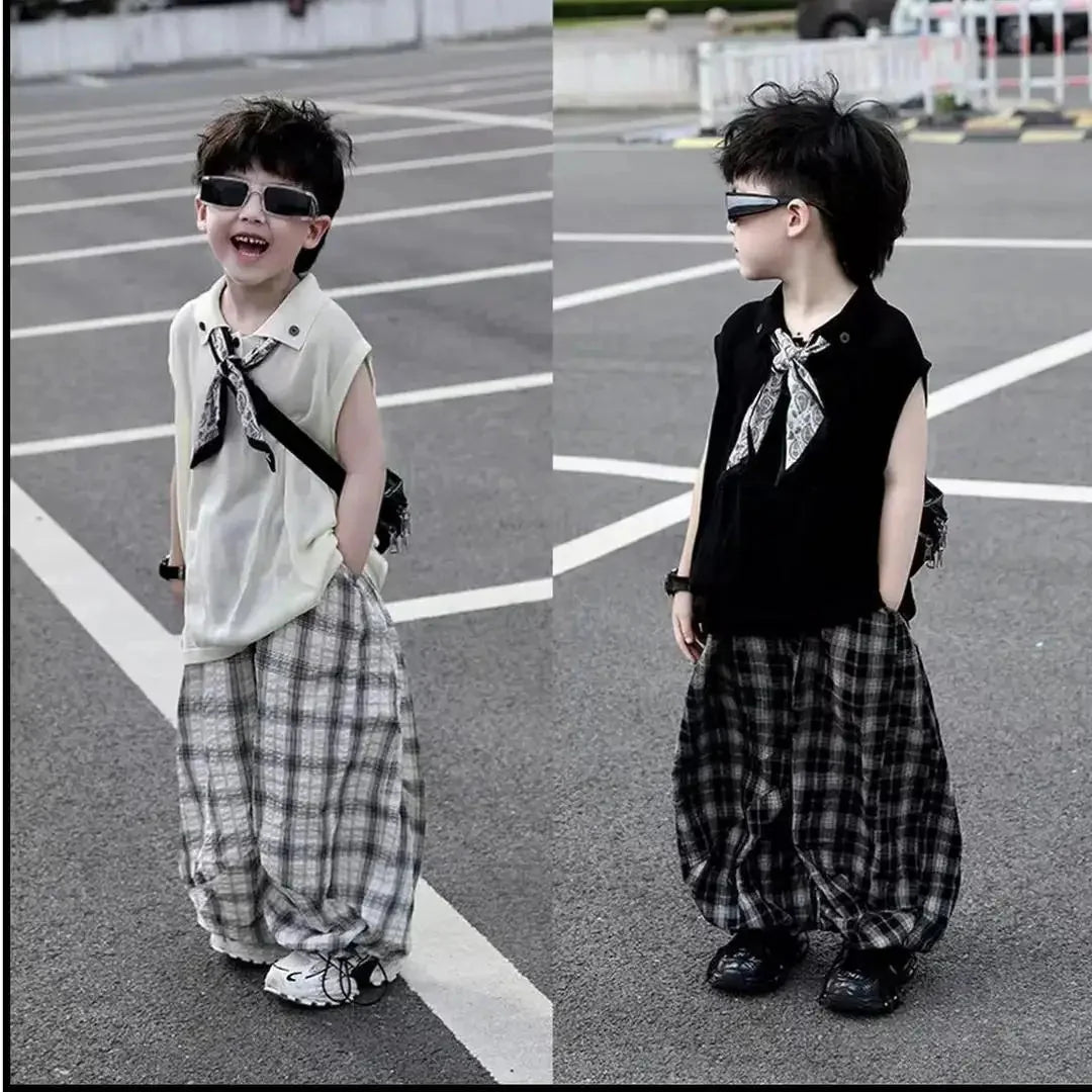 Summer Boys 2pcs - Summer Baby Boys 2Pcs Sleeveless Lapel T-shirt Top+ Thin Grid Pants Suit Children Outfit Fashion Casual
