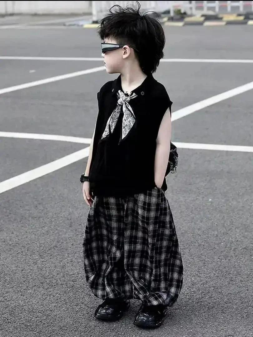 Summer Boys 2pcs - Summer Baby Boys 2Pcs Sleeveless Lapel T-shirt Top+ Thin Grid Pants Suit Children Outfit Fashion Casual