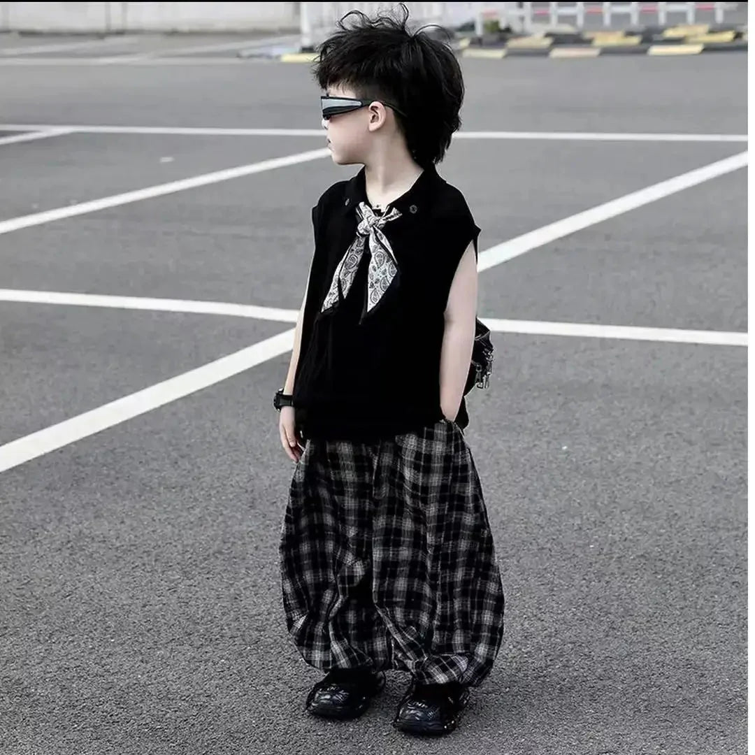 Summer Boys 2pcs - Summer Baby Boys 2Pcs Sleeveless Lapel T-shirt Top+ Thin Grid Pants Suit Children Outfit Fashion Casual