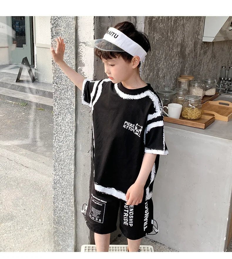 Summer Casual Boys Cotton Contrast Alphabet Graffiti t-Shirt Top+Shorts Pant Set School Kids Tracksuit Child 2PCS Outfit