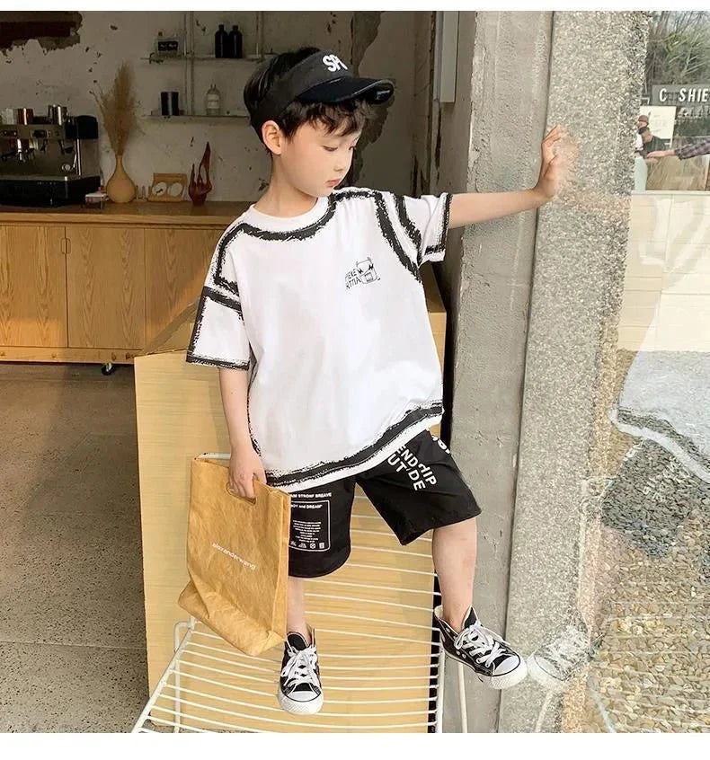 Summer Casual Boys Cotton Contrast Alphabet Graffiti t-Shirt Top+Shorts Pant Set School Kids Tracksuit Child 2PCS Outfit