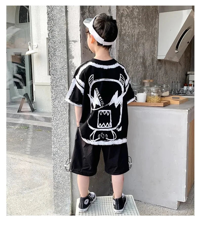 Summer Casual Boys Cotton Contrast Alphabet Graffiti t-Shirt Top+Shorts Pant Set School Kids Tracksuit Child 2PCS Outfit