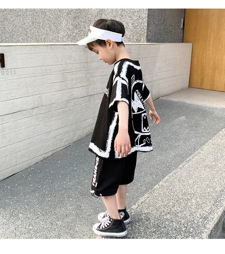 Summer Casual Boys Cotton Contrast Alphabet Graffiti t-Shirt Top+Shorts Pant Set School Kids Tracksuit Child 2PCS Outfit