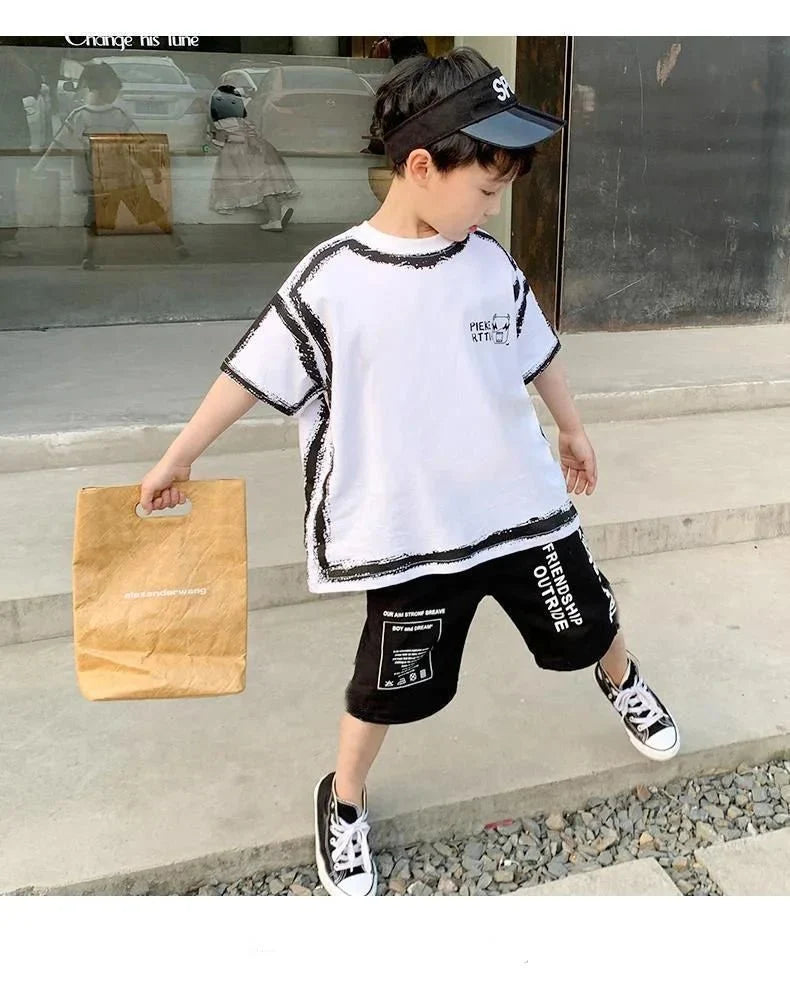 Summer Casual Boys Cotton Contrast Alphabet Graffiti t-Shirt Top+Shorts Pant Set School Kids Tracksuit Child 2PCS Outfit