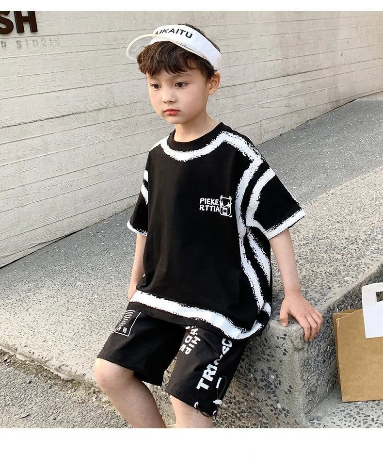 Summer Casual Boys Cotton Contrast Alphabet Graffiti t-Shirt Top+Shorts Pant Set School Kids Tracksuit Child 2PCS Outfit