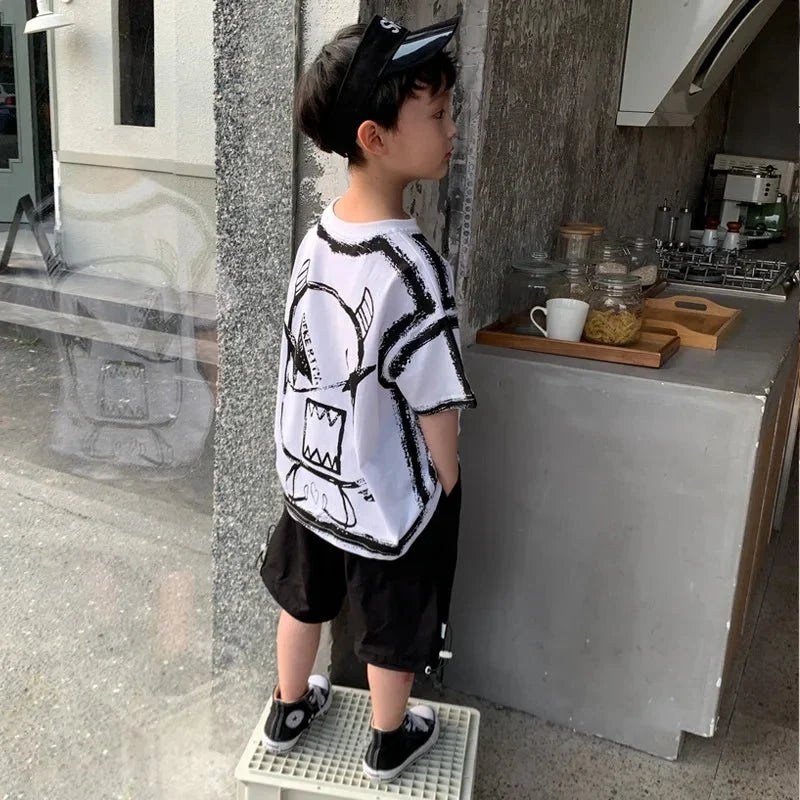 Summer Casual Boys Cotton Contrast Alphabet Graffiti t-Shirt Top+Shorts Pant Set School Kids Tracksuit Child 2PCS Outfit