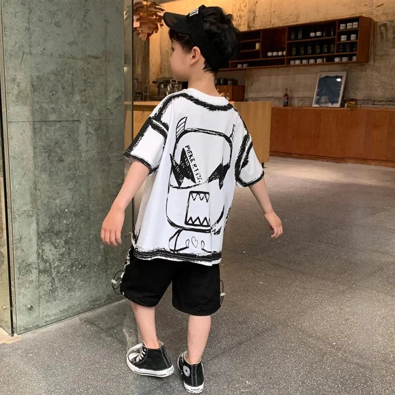 Summer Casual Boys Cotton Contrast Alphabet Graffiti t-Shirt Top+Shorts Pant Set School Kids Tracksuit Child 2PCS Outfit