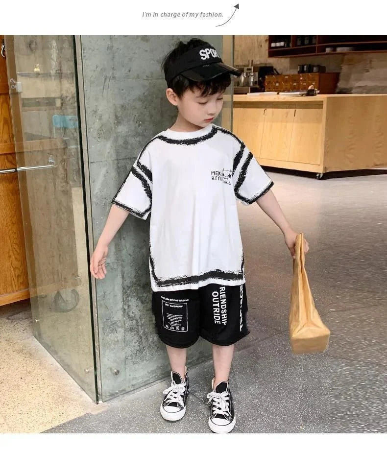 Summer Casual Boys Cotton Contrast Alphabet Graffiti t-Shirt Top+Shorts Pant Set School Kids Tracksuit Child 2PCS Outfit
