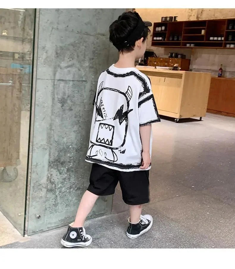 Summer Casual Boys Cotton Contrast Alphabet Graffiti t-Shirt Top+Shorts Pant Set School Kids Tracksuit Child 2PCS Outfit