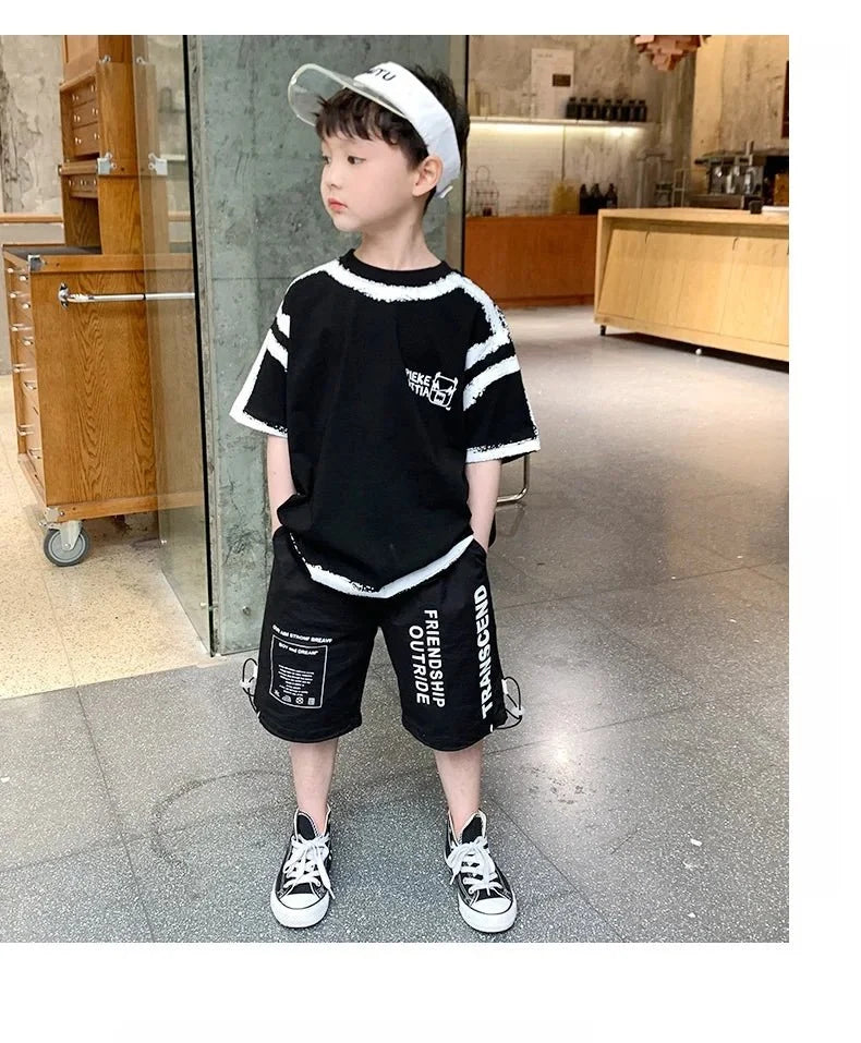 Summer Casual Boys Cotton Contrast Alphabet Graffiti t-Shirt Top+Shorts Pant Set School Kids Tracksuit Child 2PCS Outfit