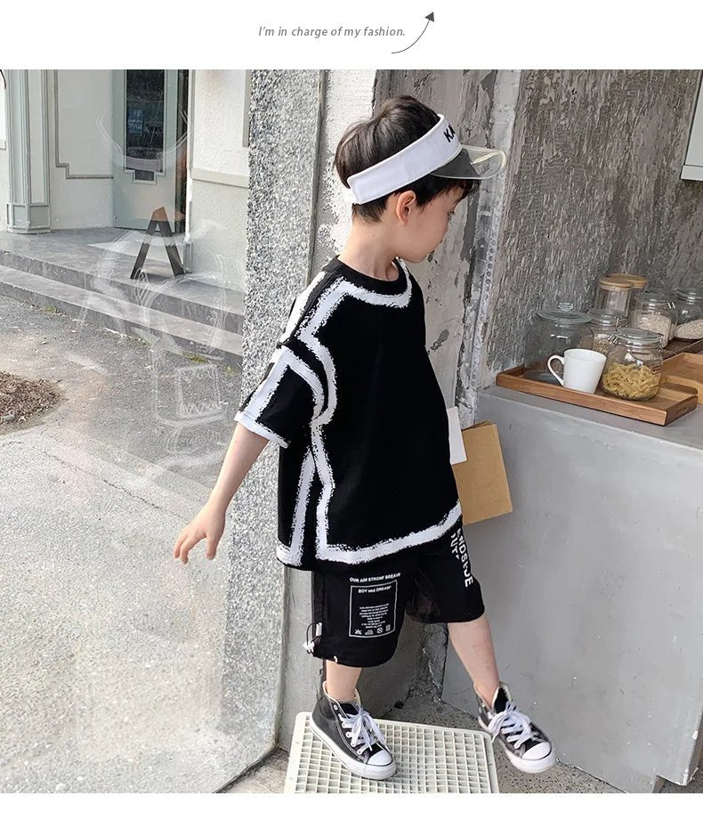 Summer Casual Boys Cotton Contrast Alphabet Graffiti t-Shirt Top+Shorts Pant Set School Kids Tracksuit Child 2PCS Outfit