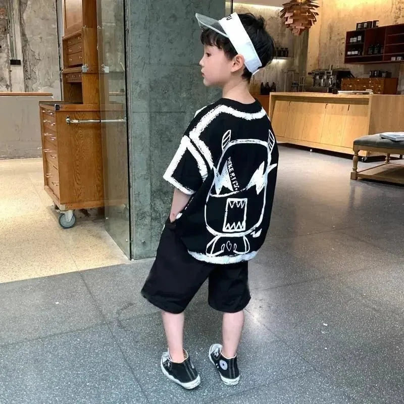Summer Casual Boys Cotton Contrast Alphabet Graffiti t-Shirt Top+Shorts Pant Set School Kids Tracksuit Child 2PCS Outfit