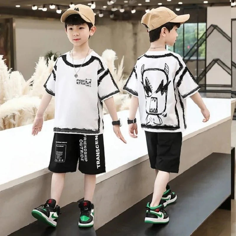 Summer Casual Boys Cotton Contrast Alphabet Graffiti t-Shirt Top+Shorts Pant Set School Kids Tracksuit Child 2PCS Outfit