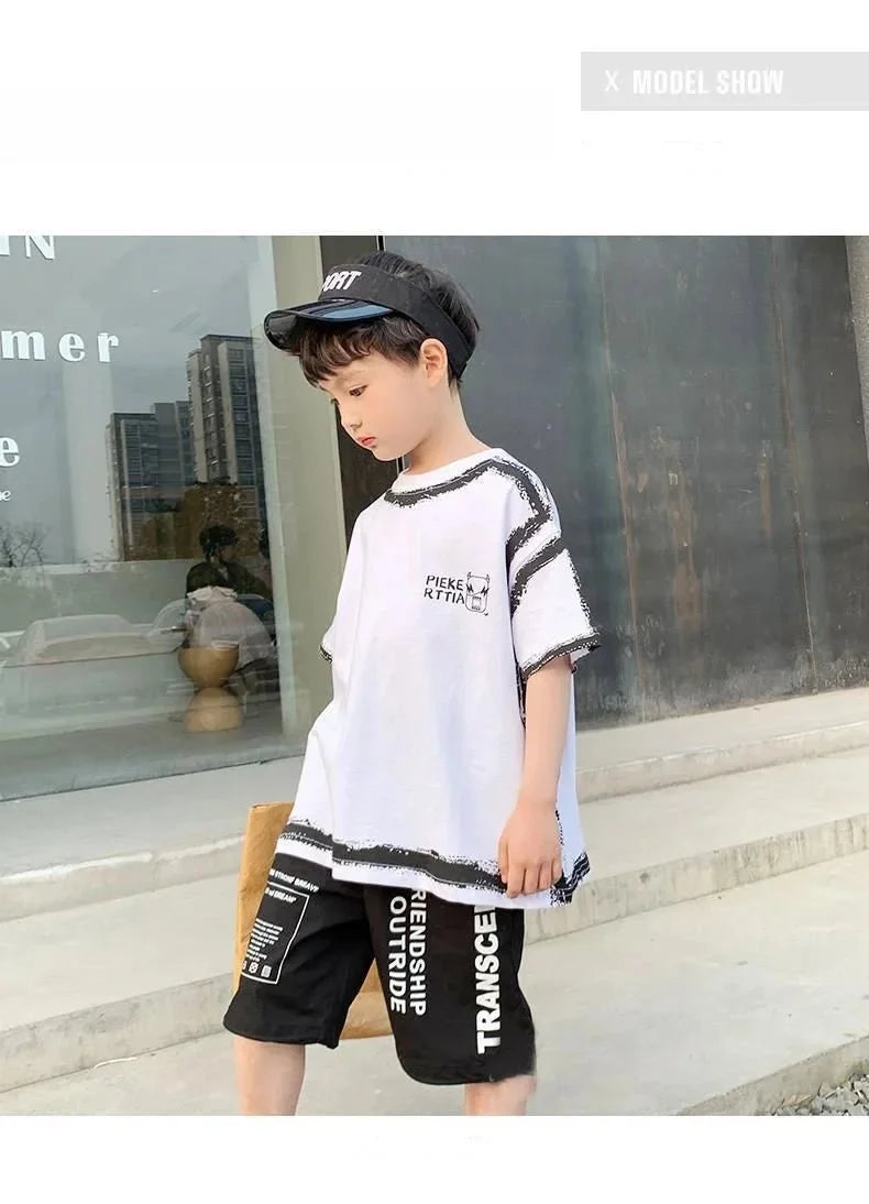 Summer Casual Boys Cotton Contrast Alphabet Graffiti t-Shirt Top+Shorts Pant Set School Kids Tracksuit Child 2PCS Outfit