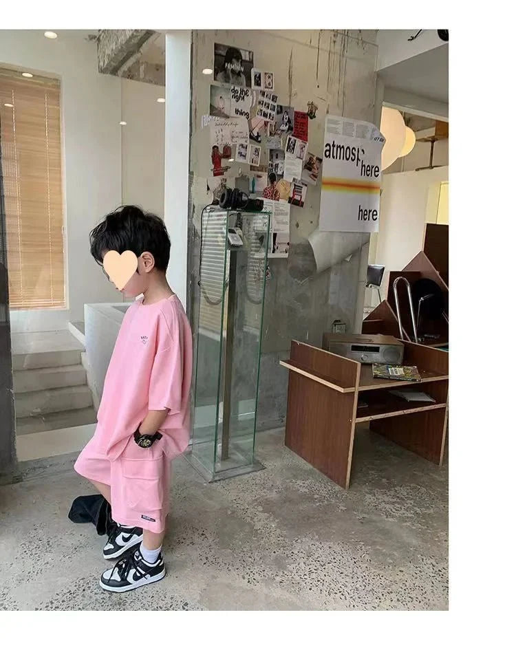 Summer Casual Boys Cotton Loose Alphabet T-shirt Tops+Short Pants Set School Kids Tracksuit Children 2-Piece Outfit Suit