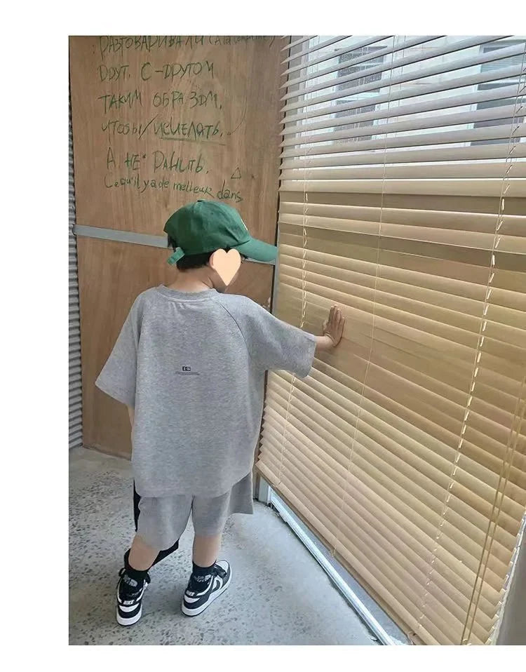 Summer Casual Boys Cotton Loose Alphabet T-shirt Tops+Short Pants Set School Kids Tracksuit Children 2-Piece Outfit Suit
