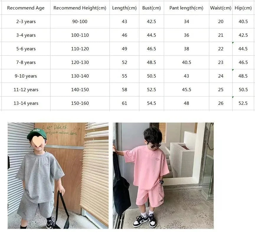 Summer Casual Boys Cotton Loose Alphabet T-shirt Tops+Short Pants Set School Kids Tracksuit Children 2-Piece Outfit Suit