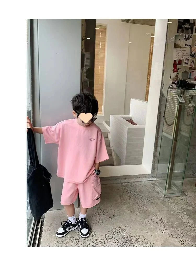 Summer Casual Boys Cotton Loose Alphabet T-shirt Tops+Short Pants Set School Kids Tracksuit Children 2-Piece Outfit Suit