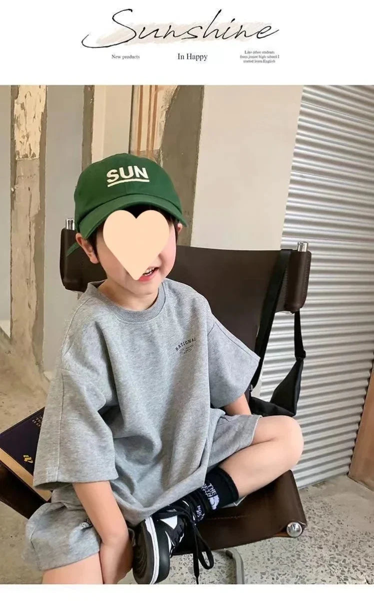 Summer Casual Boys Cotton Loose Alphabet T-shirt Tops+Short Pants Set School Kids Tracksuit Children 2-Piece Outfit Suit