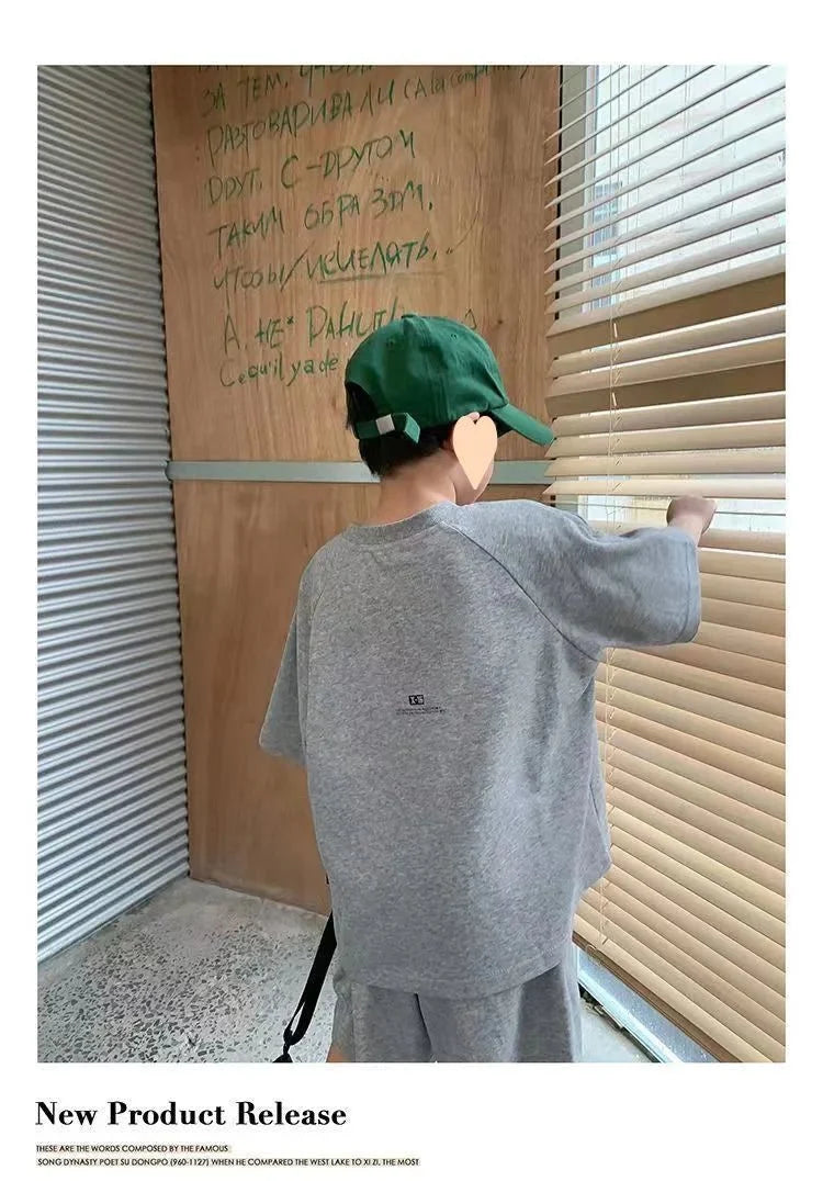 Summer Casual Boys Cotton Loose Alphabet T-shirt Tops+Short Pants Set School Kids Tracksuit Children 2-Piece Outfit Suit