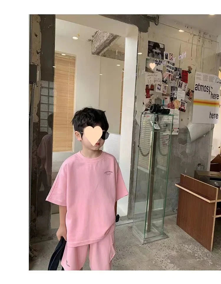 Summer Casual Boys Cotton Loose Alphabet T-shirt Tops+Short Pants Set School Kids Tracksuit Children 2-Piece Outfit Suit