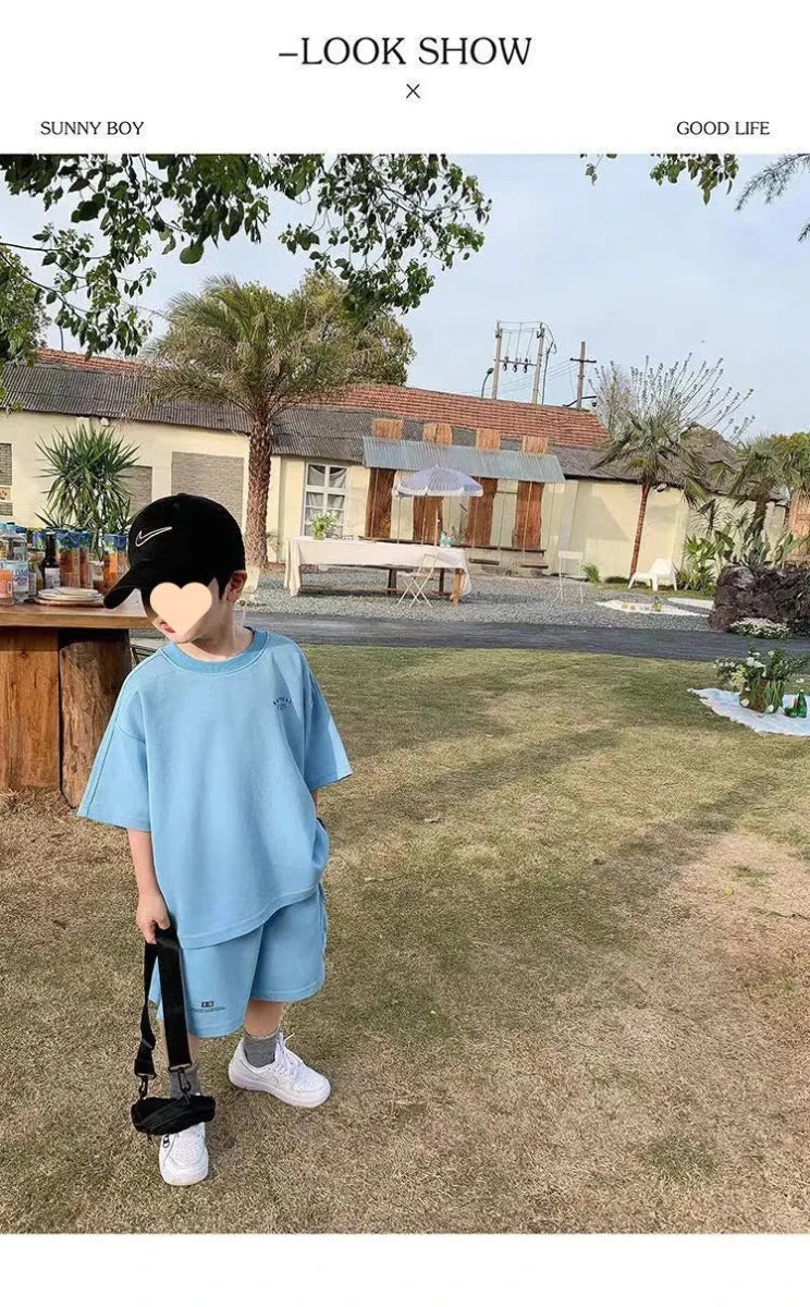 Summer Casual Boys Cotton Loose Alphabet T-shirt Tops+Short Pants Set School Kids Tracksuit Children 2-Piece Outfit Suit