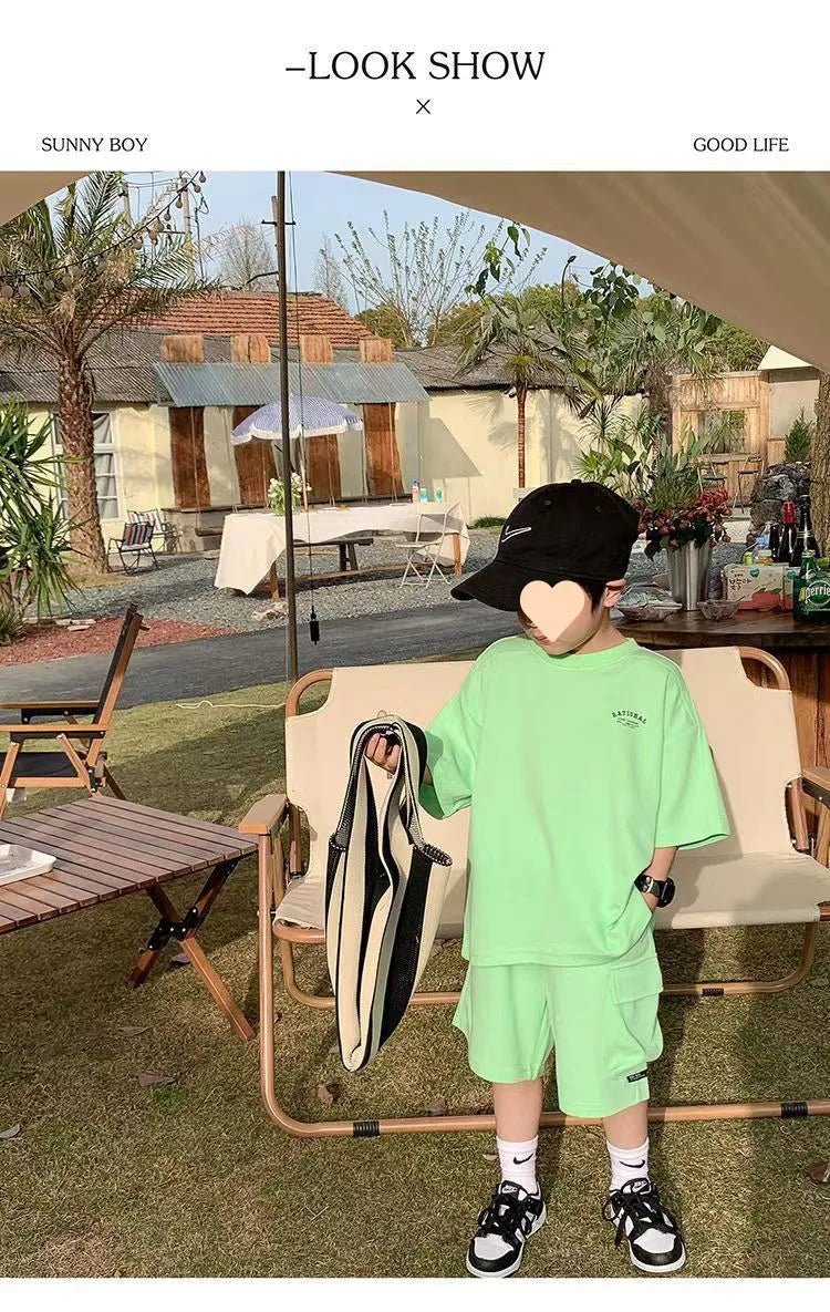 Summer Casual Boys Cotton Loose Alphabet T-shirt Tops+Short Pants Set School Kids Tracksuit Children 2-Piece Outfit Suit