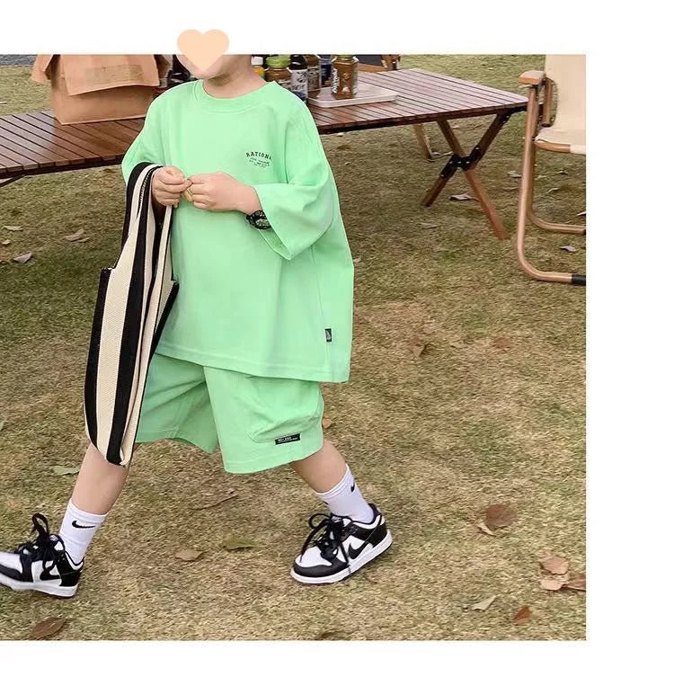 Summer Casual Boys Cotton Loose Alphabet T-shirt Tops+Short Pants Set School Kids Tracksuit Children 2-Piece Outfit Suit