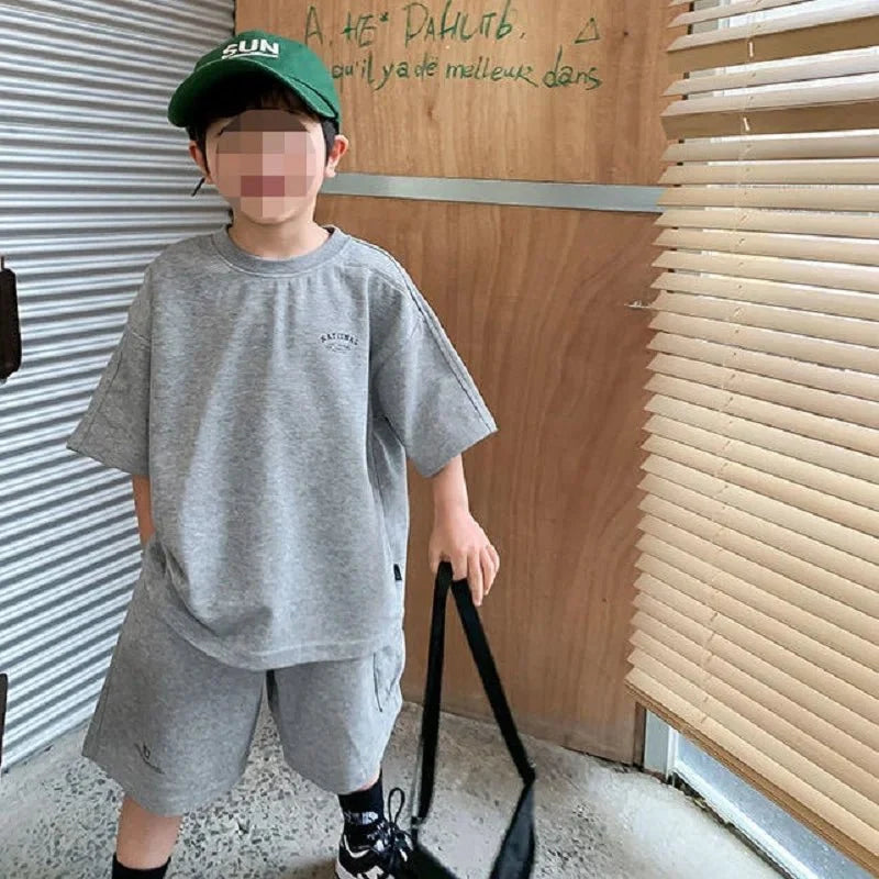 Summer Casual Boys Cotton Loose Alphabet T-shirt Tops+Short Pants Set School Kids Tracksuit Children 2-Piece Outfit Suit