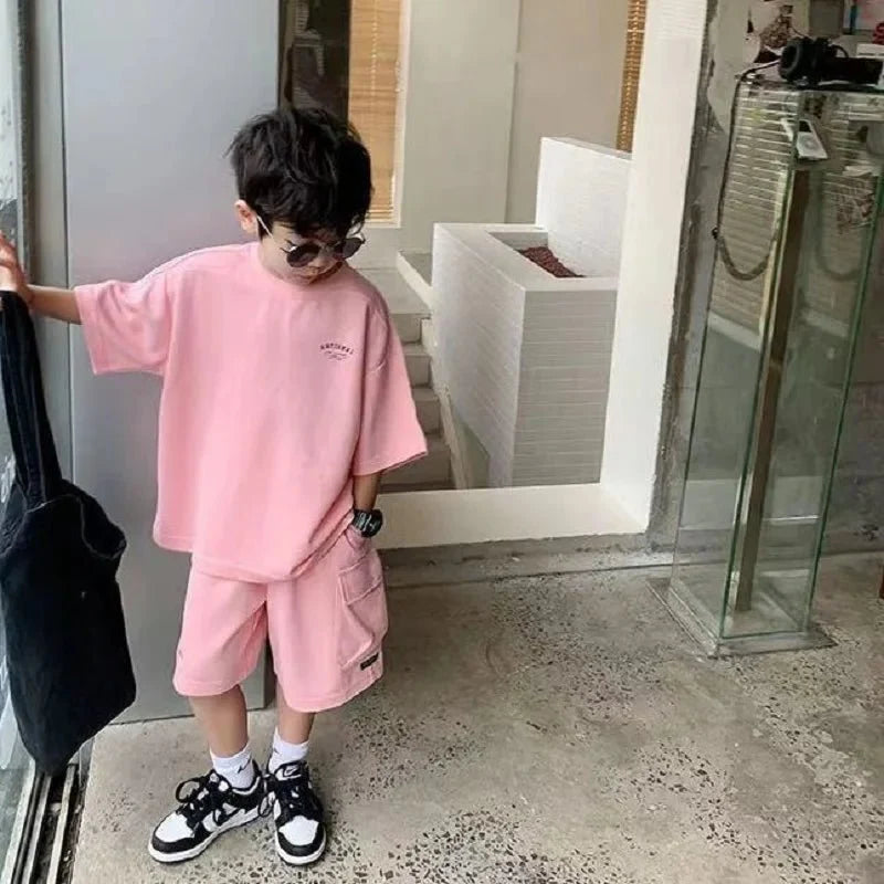 Summer Casual Boys Cotton Loose Alphabet T-shirt Tops+Short Pants Set School Kids Tracksuit Children 2-Piece Outfit Suit