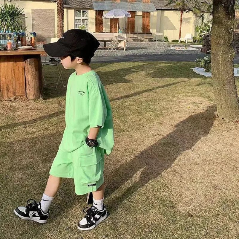 Summer Casual Boys Cotton Loose Alphabet T-shirt Tops+Short Pants Set School Kids Tracksuit Children 2-Piece Outfit Suit