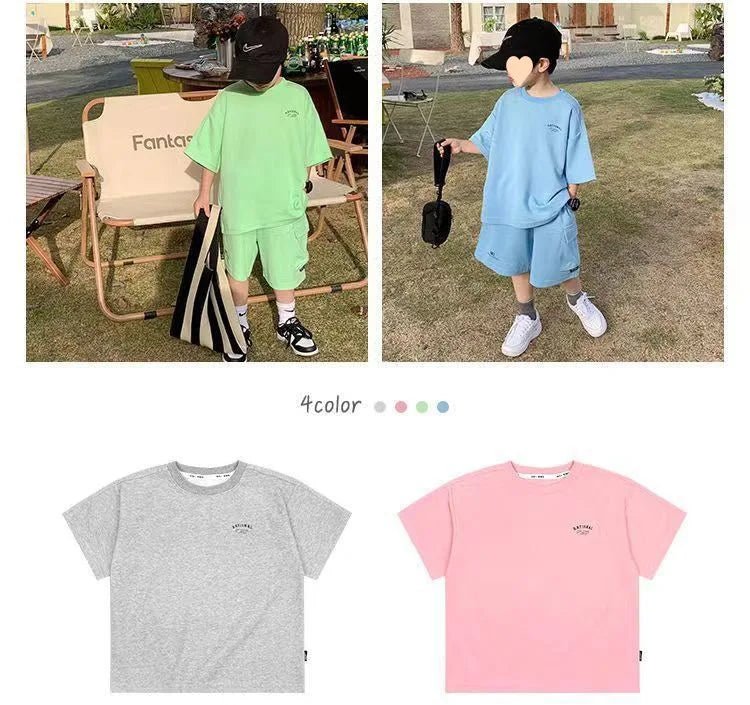 Summer Casual Boys Cotton Loose Alphabet T-shirt Tops+Short Pants Set School Kids Tracksuit Children 2-Piece Outfit Suit