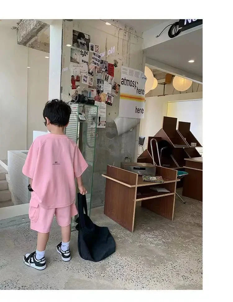 Summer Casual Boys Cotton Loose Alphabet T-shirt Tops+Short Pants Set School Kids Tracksuit Children 2-Piece Outfit Suit