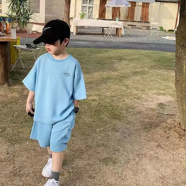 Summer Casual Boys Cotton Loose Alphabet T-shirt Tops+Short Pants Set School Kids Tracksuit Children 2-Piece Outfit Suit