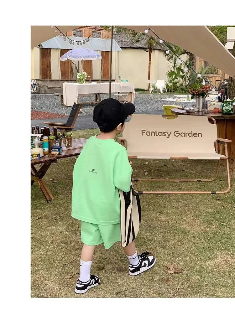 Summer Casual Boys Cotton Loose Alphabet T-shirt Tops+Short Pants Set School Kids Tracksuit Children 2-Piece Outfit Suit