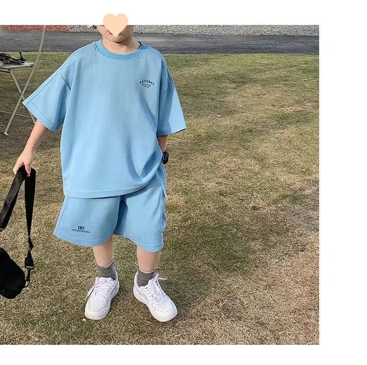 Summer Casual Boys Cotton Loose Alphabet T-shirt Tops+Short Pants Set School Kids Tracksuit Children 2-Piece Outfit Suit